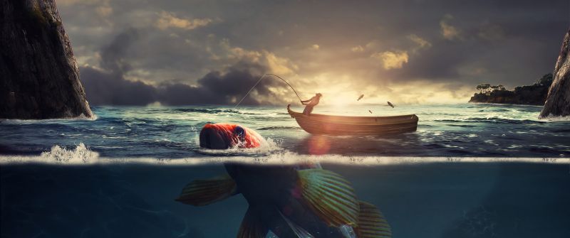 Surreal, Fishing, Boat, Sea, Sunrise, Underwater