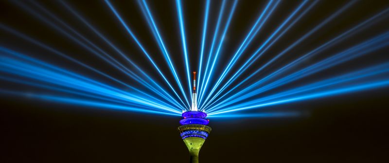 Rhine Tower, Rheinturm, Düsseldorf, Germany, Television Tower, Light beam, Laser Lights, Blue light, Black background, Night life