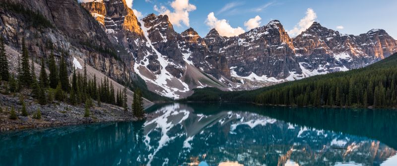 Moraine Lake, 8K, Canada, Reflection, Sunset, Water, Landscape, Mountain Peaks, Snow, Scenic, Clouds, 5K