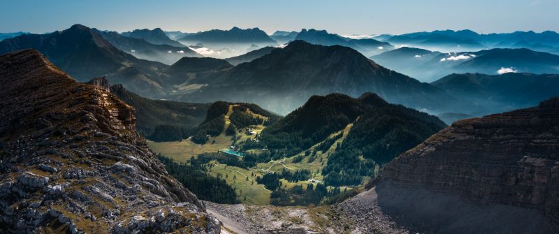 Warscheneck, Eastern Alps, Austria, Landscape, Mountain range, Valley, Village, Scenery, Blue Sky, 5K