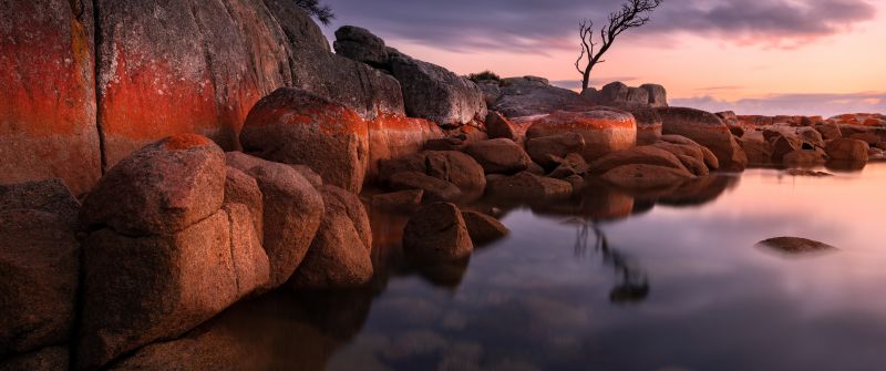 Binalong Bay, Tasmania, Australia, Sunrise, Landscape, Rocks, Body of Water, 5K, 8K