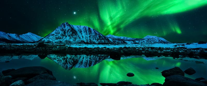 Aurora Borealis, Night, Northern Lights, Mountains, Cold, Lake, Reflection, Starry sky, 5K