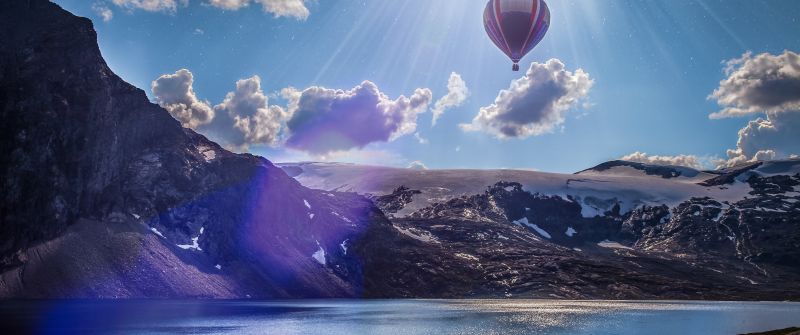 Hot air balloon, Mountains, Lake, Sun rays, Sun light, Clouds, Landscape, Norway, 5K