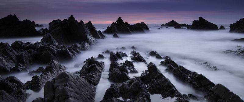 Atlantic coast, Rocky coast, Foggy, Mist, Evening, Dusk, Hartland Quay, Devon, United Kingdom, Scenic, Purple sky, 5K