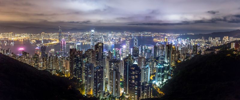 Hong Kong City, Skyline, River, Night time, Skyscrapers, Clouds, Cityscape, 5K