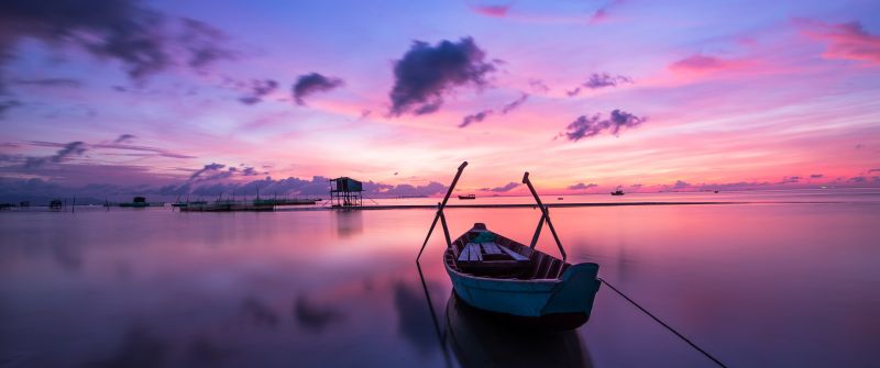 Rowing boat, Sunset, Body of Water, Beach, Reflection, Evening, Dawn, Ocean, Purple sky, Clouds, Seascape, Aesthetic, 5K