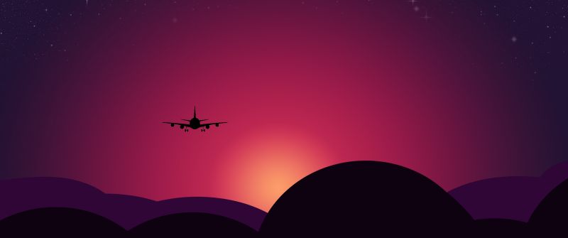 Plane, Sunset, Starry sky, Illustration, Red Sky