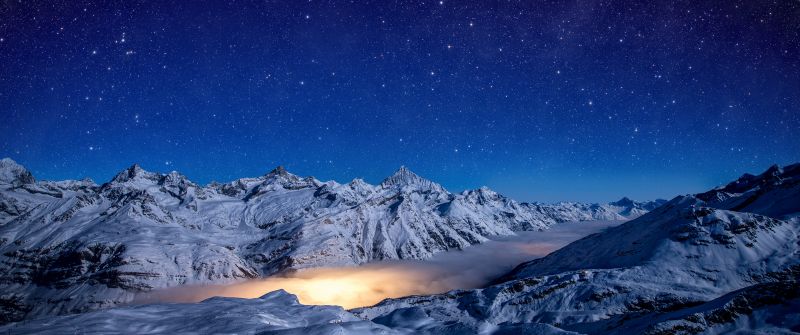 Gorner Glacier, Starry sky, Astronomy, Blue Sky, Switzerland