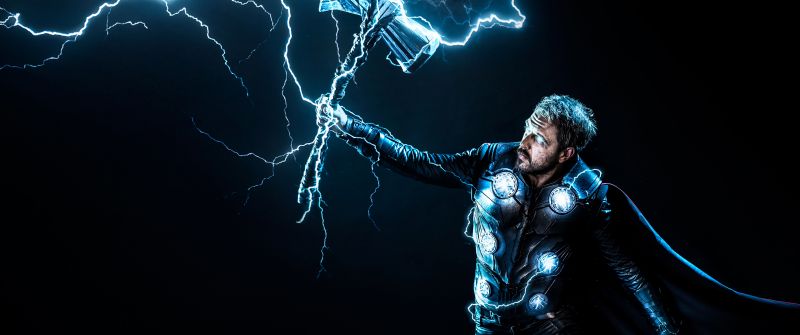 Thor, Stormbreaker, God of Thunder, Dark background, Marvel Superheroes, Lightning Strike