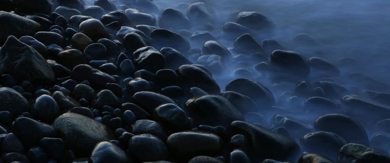Pebbles, Foggy, Stones, Seashore, Mist, Dark, 5K