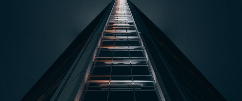 High rise building, Low Angle Photography, Look up, Dark background, Geometrical, Symmetry, 5K