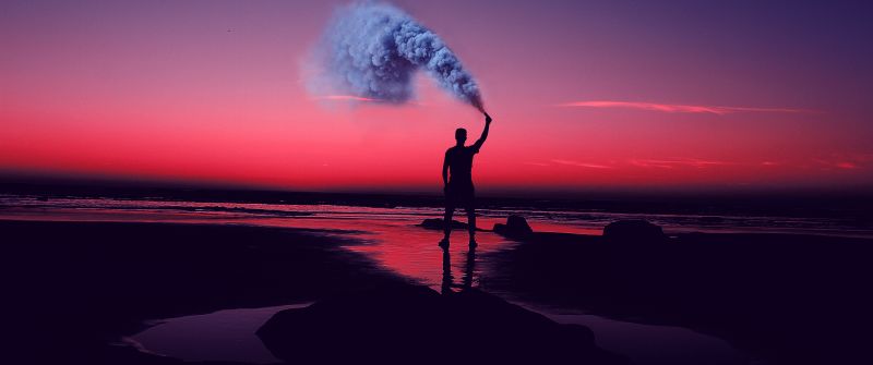 Silhouette, Seashore, Pink sky, Man, Standing, Smoke can, Sunset, Evening sky, Aesthetic, 5K