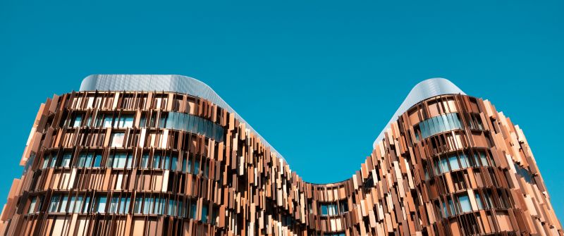 Assago Milanofiori Nord, Milan, Italy, Modern architecture, Brown building, Blue Sky, Clear sky, Office building, Pattern, 5K, Metro station