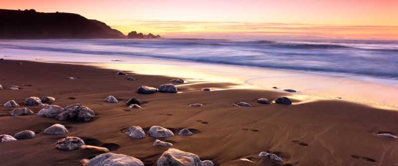 Ocean, Sunset, Pink sky, Rockaway Beach, Landscape, Seascape, Waves, Beautiful, Scenery, 5K