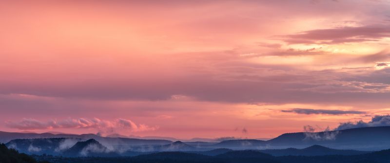Pink sky, Sunset, Mountains, Landscape, Fog, Clouds, Dusk, Sky view, 5K, 8K