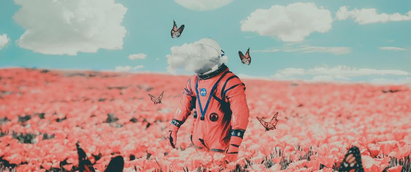 Astronaut, 5K, Surreal, NASA, Flower garden, Butterflies, Moon, Clouds, Space suit