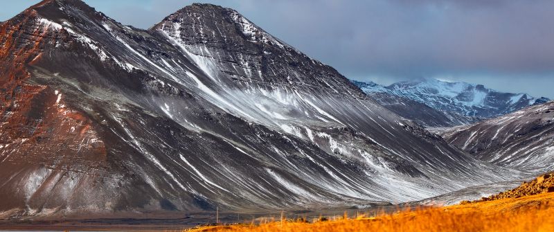 Glacier mountains, Black mountains, Snow covered, Daylight, Landscape, Iceland, 5K