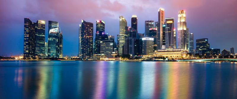 Singapore, Cityscape, Buildings, Skyscrapers, Reflection, Body of Water, Night, City lights, Skyline, Colorful, 5K
