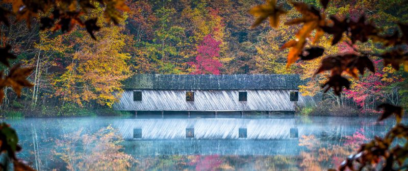 Cambron Covered Bridge, Huntsville, Alabama, Reflection, River, Autumn, Trees, 5K, 8K