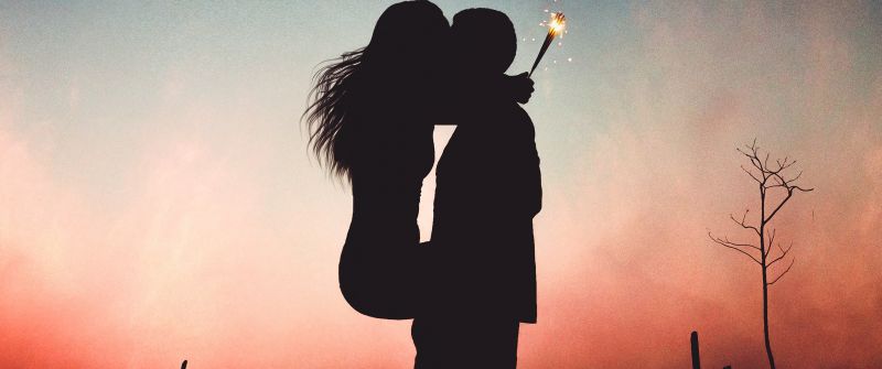 Couple, Backlit, Romantic kiss, Silhouette, Sunset, Pair, Together, Romance, First kiss, Sparklers, Crescent Moon