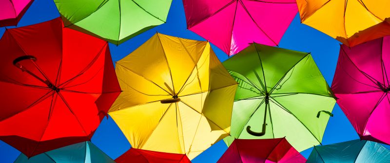 Umbrellas, Street festival, Colorful, Looking up at Sky, Rainbow colors, 5K