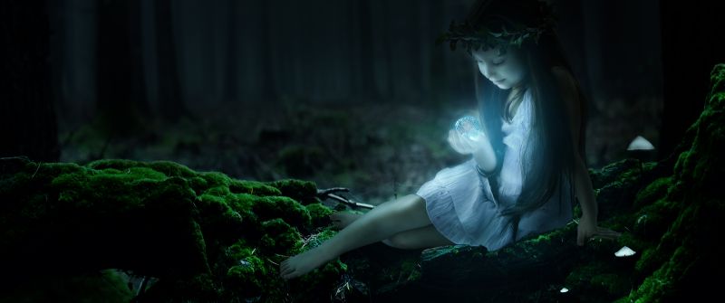 Cute Girl, Enchanted, Forest, Magical, Surreal, Glowing, Smiling girl, Fairy, Night, Dark