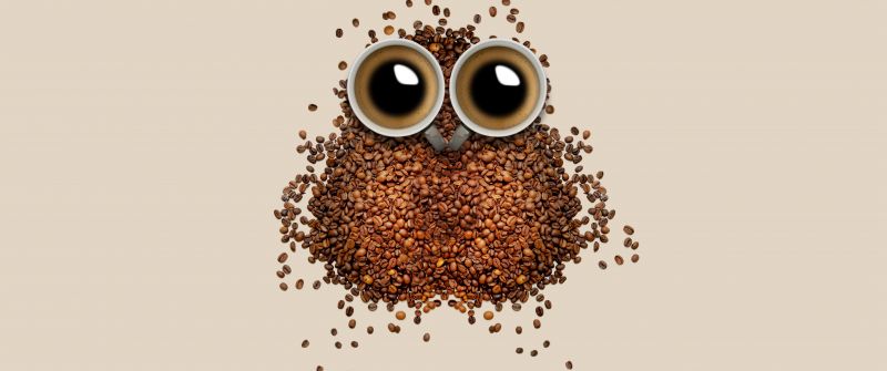 Coffee beans, Owl, Coffee cup, Brown background, Drinks, Caffeine, Beautiful, 5K, 8K, Pastel background, Pastel brown, Brown aesthetic
