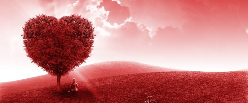 Landscape, Heart tree, Red background, Child, Dream, Clouds, Red Sky, Aesthetic