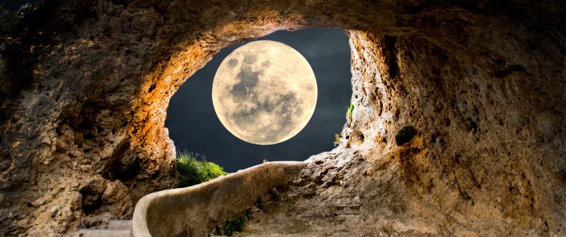 Full moon, Cave, Steps, Path, Tunnel, Landscape, Stairs, 5K