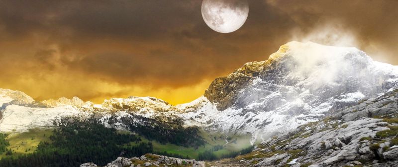 Mountains, Landscape, Full moon, Hiking trail, Pathway, Snow covered, Dark clouds, Fog, Meadow, 5K