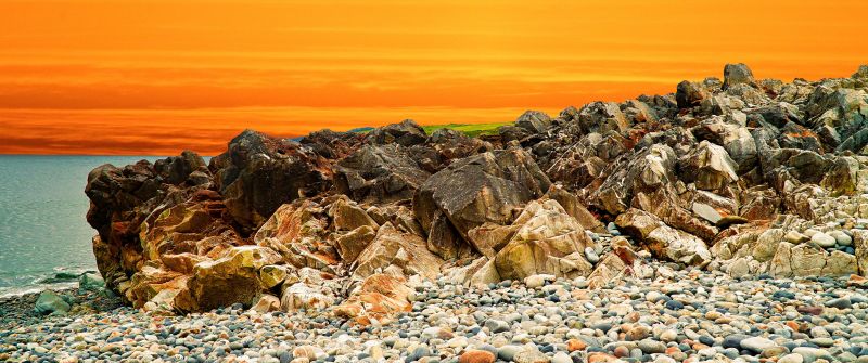 Landscape, Orange sky, Rocks, Pebbles, Sunset, Ocean, Coastal, Scenery, Water, 5K