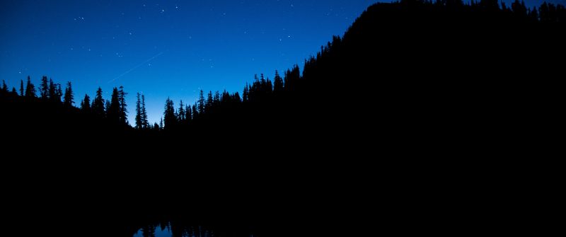 Snow Lake Trail, Washington, United States, Silhouette, Blue Sky, Stars, Body of Water, Reflection, Trees, Dark background