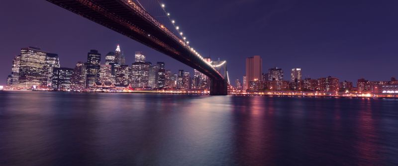 Brooklyn Bridge, United States, New York, Body of Water, Cityscape, Night time, City lights, Reflection, Skyscrapers, City Skyline