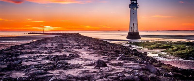 Lighthouse, Beach, Rocky coast, Sunset, Blue hour