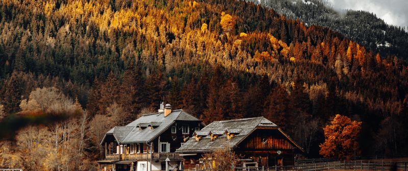 Wooden House, Lakeside, Autumn trees, Countryside, Mountain, Foggy, Glacier, Water, Landscape, 5K
