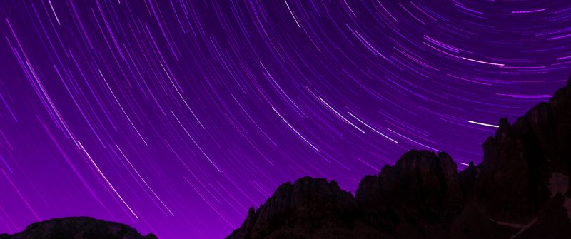Star Trails, Purple sky, Timelapse, Night sky, Astronomy, Dark night, Starry sky, Outer space, Night time, Alps mountains, Pattern, 5K