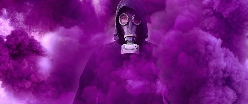 Gas mask, Smoke, Hoodie, Person in Black, Purple Smoke, Protective Gear, 5K