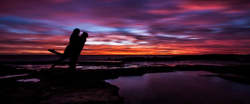 Couple, Sunset, Silhouette, Together, Romantic, Colorful Sky, Dusk, Water