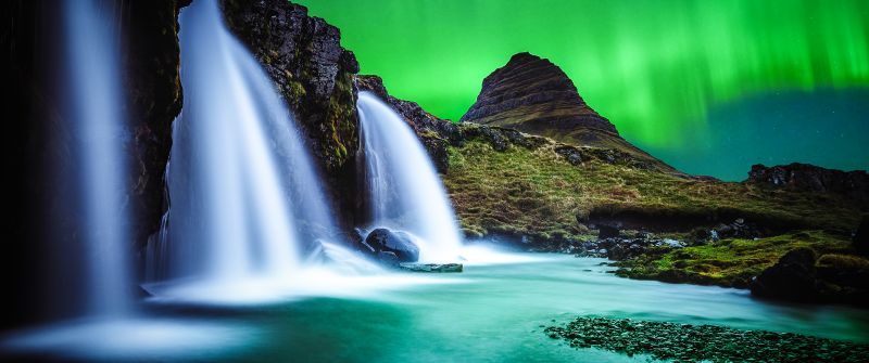 Kirkjufell, Aurora Borealis, Northern Lights, Iceland, Mountain, Waterfalls, Landscape, Water Stream, Long exposure, Dusk, Green Sky, Scenery, 5K