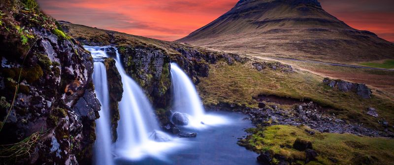 Kirkjufell, Iceland, Mountain, Waterfalls, Landscape, Water Stream, Long exposure, Dusk, Red Sky, 5K