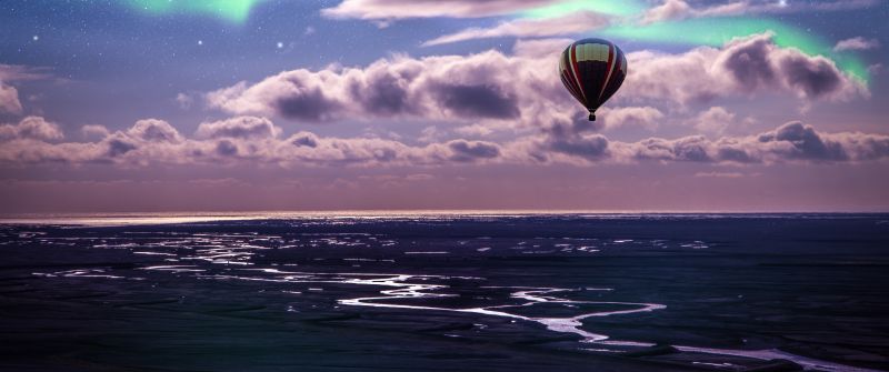 Hot air balloon, Aurora Borealis, Northern Lights, Clouds, Landscape, Dusk, Starry sky, 5K