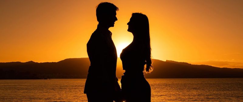 Silhouette, Couple, Romantic, Sunset, Backlit, Seascape, Yellow, Dawn, Beach