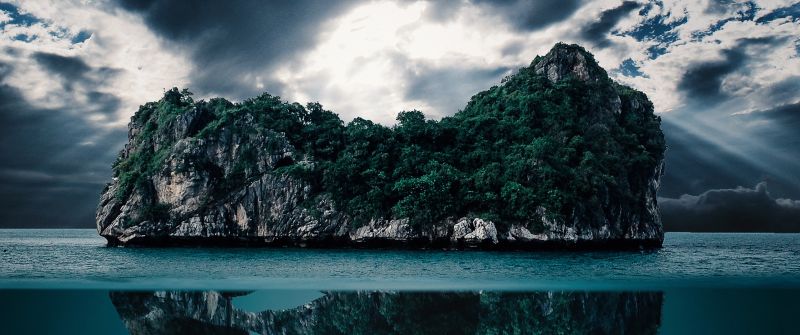 Dinosaur Skull, Island, Mystery, Ocean, Hidden, Underwater, Clouds, Imagination, Blue Water