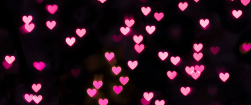 Pink hearts, Illuminated, Black background, Bokeh, Glowing lights, Vibrant, Blurred, Heart shape