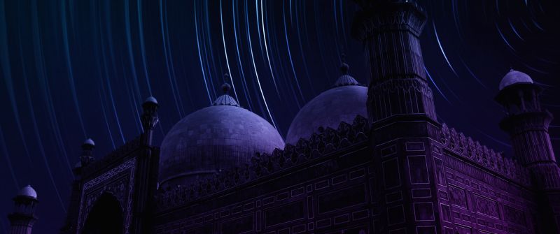 Badshahi Mosque, Lahore, Pakistan, Star Trails, Dark background, Night time, Neon colors, Dome, Ancient architecture, Long exposure, Timelapse, Dark aesthetic, Islamic, Arab, Spiritual