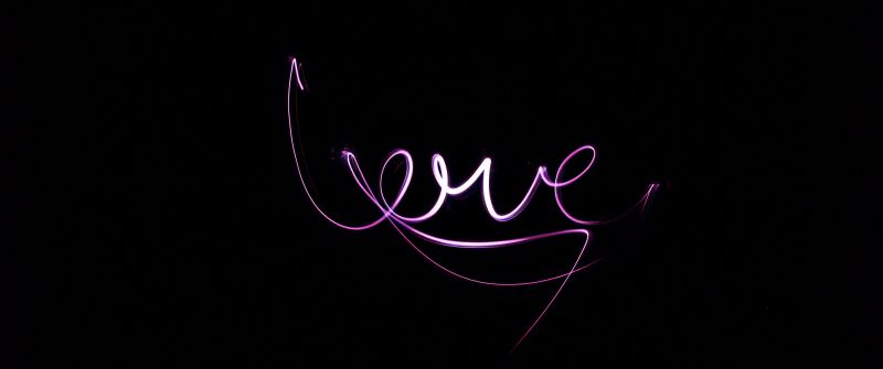 Love text, Black background, Purple lights, Valentine's Day, Neon light, 5K