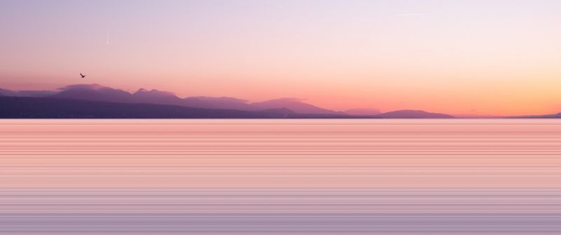 Silhouette, Mountains, Sunset, Body of Water, Long exposure, Pattern, Clear sky