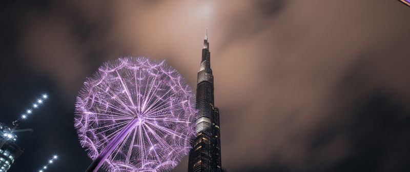 Burj Khalifa, United Arab Emirates, Dubai, Skyscraper, Modern architecture, High rise building, Dandelion flowers, Low Angle Photography, Sky view, Night time, Clouds, 5K