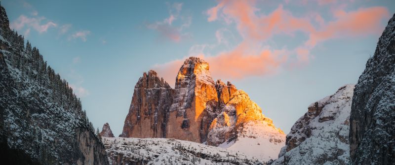 Tre Cime di Lavaredo, Italy, Mountain range, Rock formations, Snow covered, Glacier, Landscape, Mountain View, Peaks, Alps, Golden hour, Sunset, Scenery, 5K, 8K
