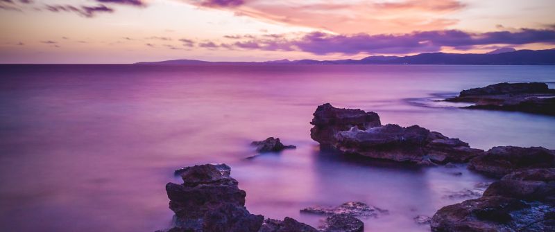 Seascape, Sunset, Horizon, Purple, Ocean, Rock formations, Scenic, Beauty in Nature, Landscape, Long exposure, Clouds, 5K